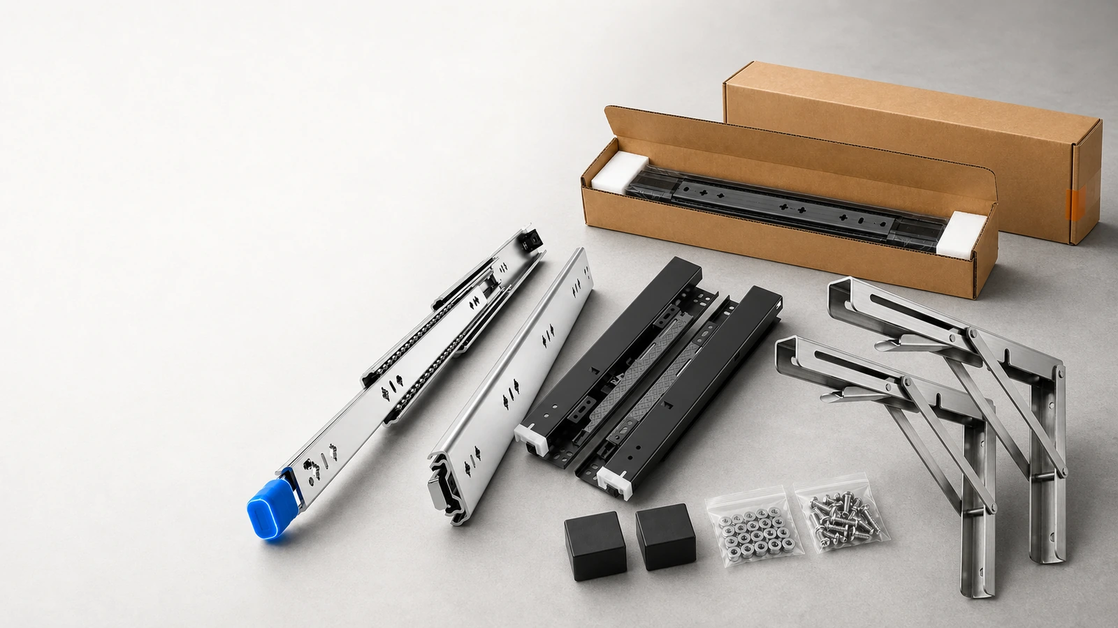 COREAX drawer slides and folding brackets arranged with project packaging