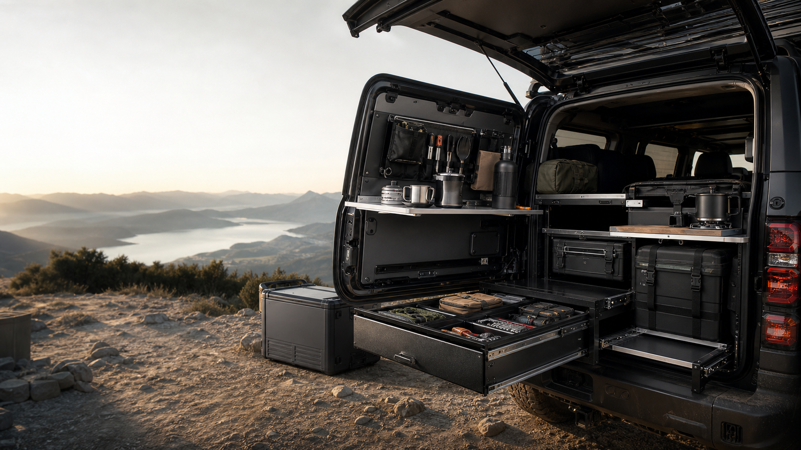 Overland vehicle with organized pull-out drawer and storage hardware