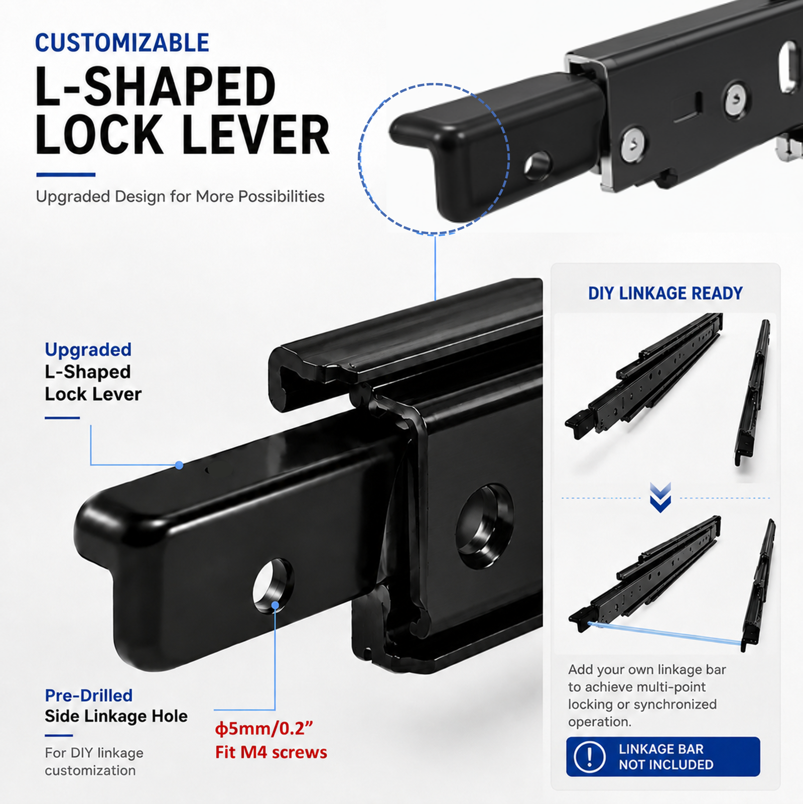 COREAX L2576 76mm locking drawer slide with an inward-facing L-shaped linkage-ready lock lever