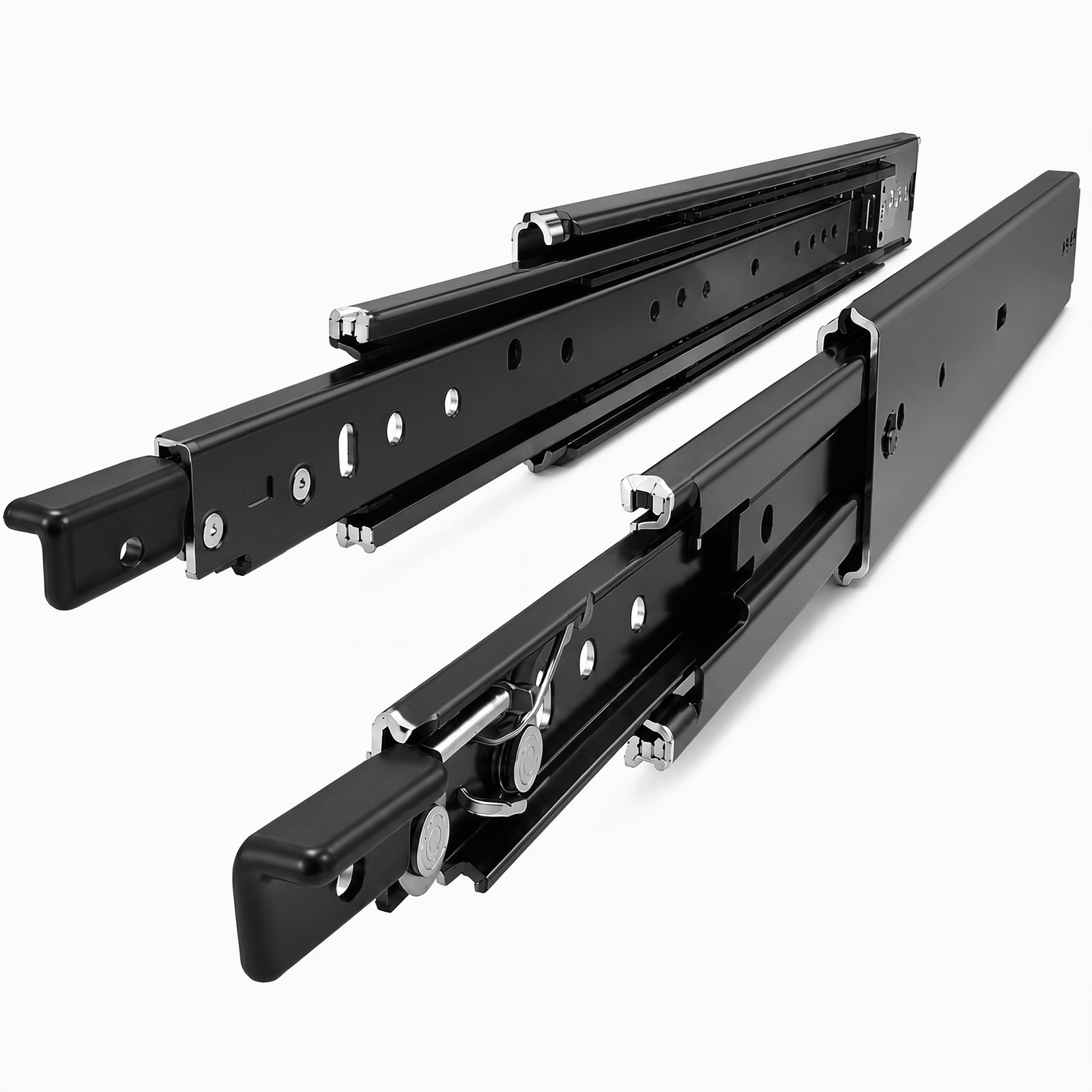 Black 76mm locking drawer slide pair with linkage-ready release levers