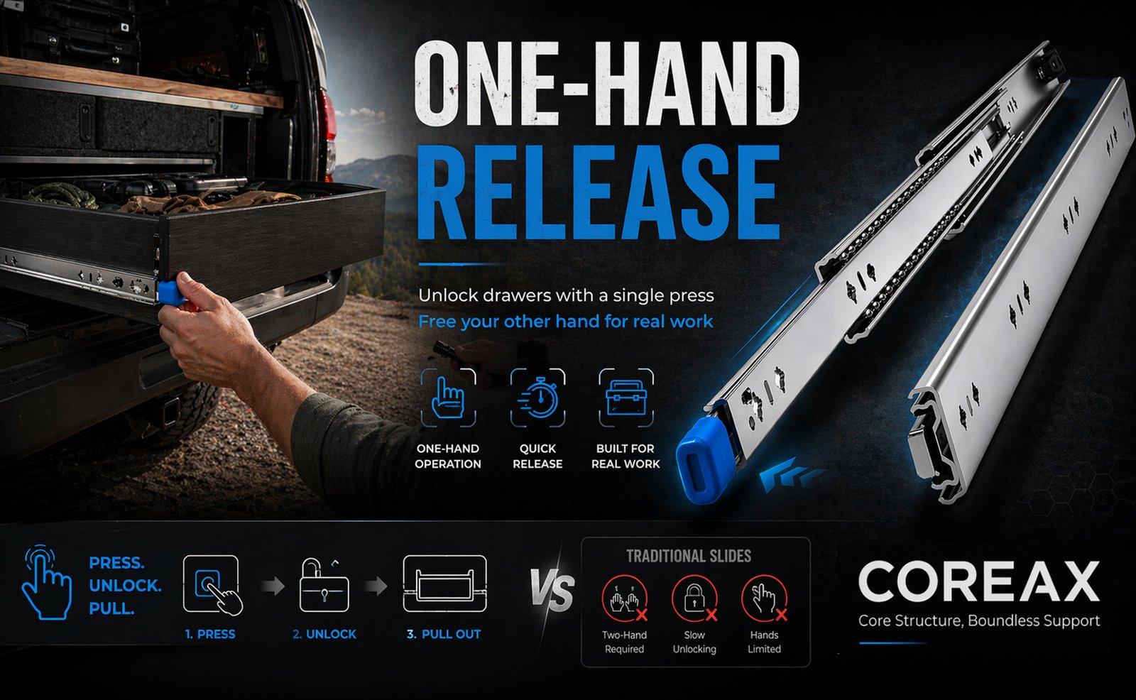 COREAX heavy-duty drawer slides for truck bed drawer systems