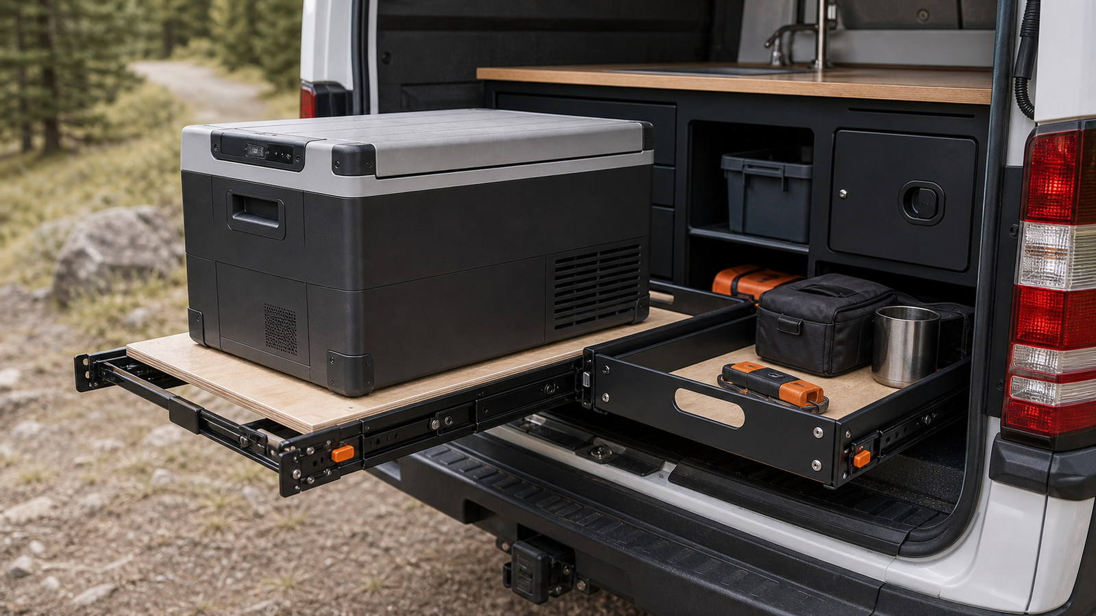 Camper storage build with pull-out refrigerator and cargo trays