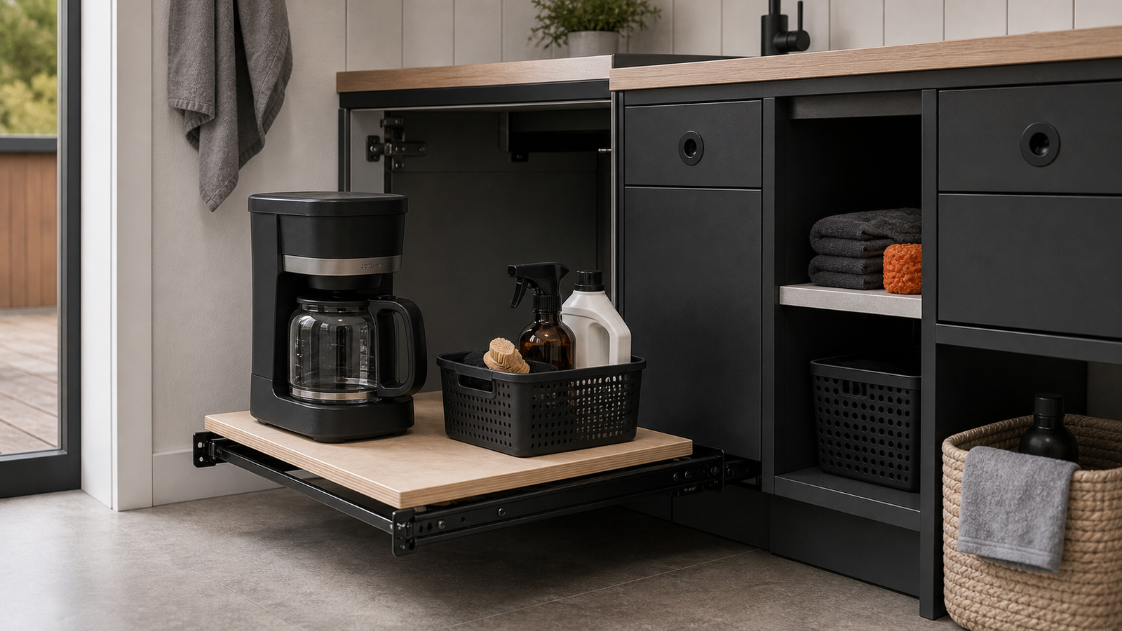 Bottom-supported laundry and utility cabinet pull-out carrying detergent and cleaning supplies