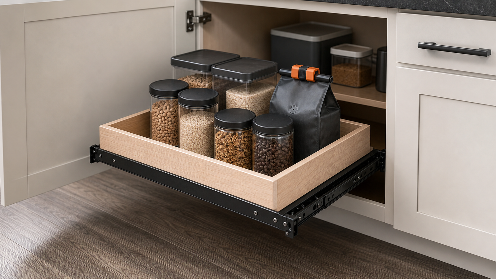 Compact cabinet pull-out shelf clearing door hinges and face frame