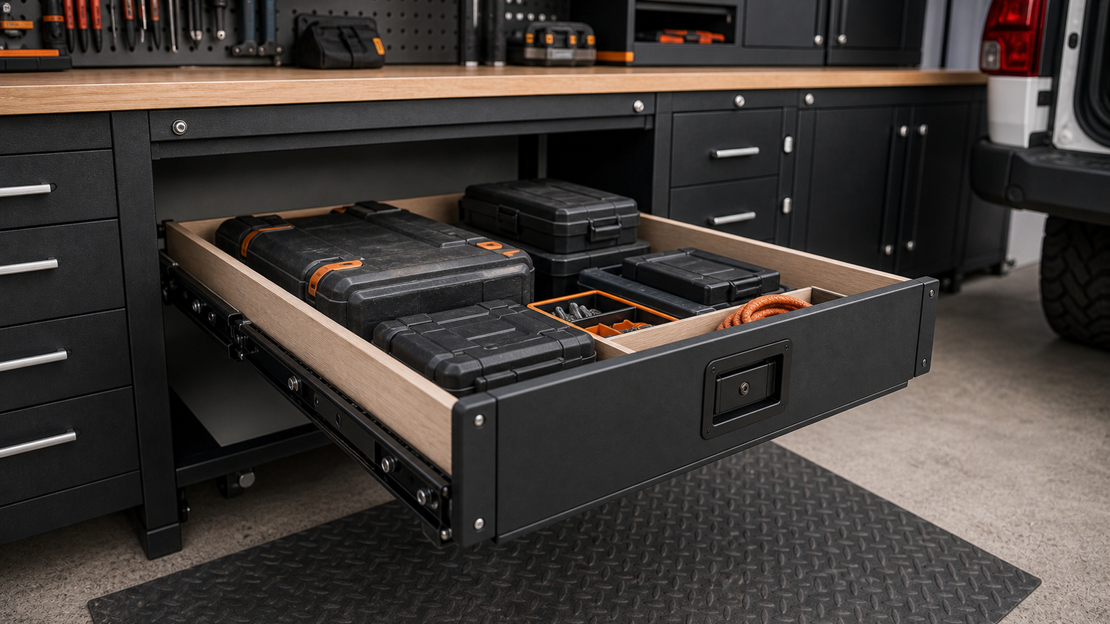 Garage tool drawer pulled out on heavy-duty drawer slides