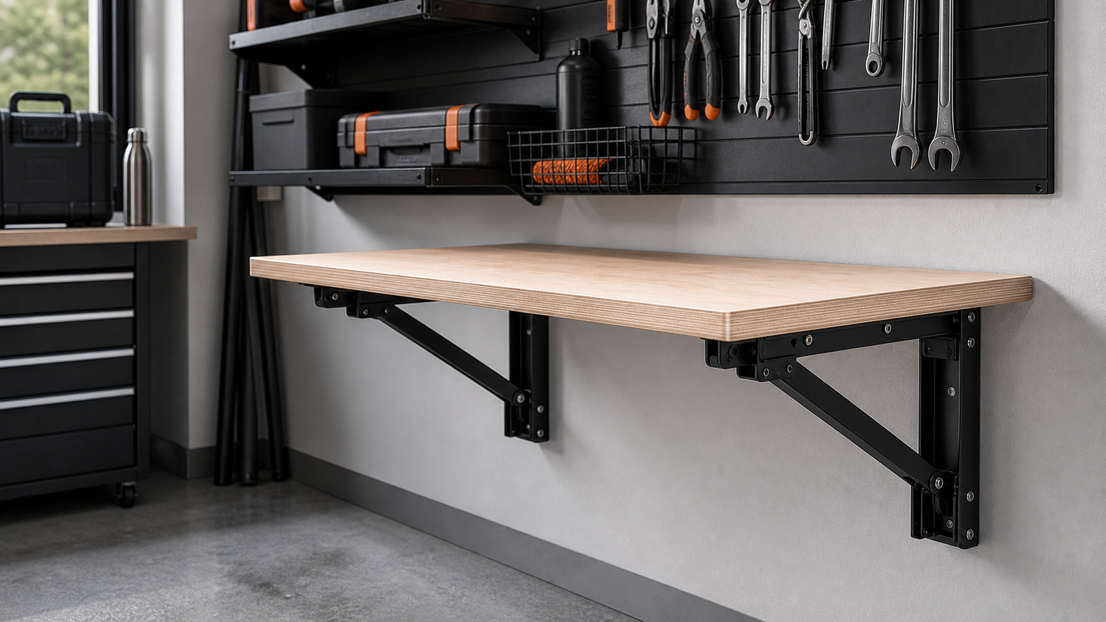 Garage folding workbench mounted to a reinforced wall