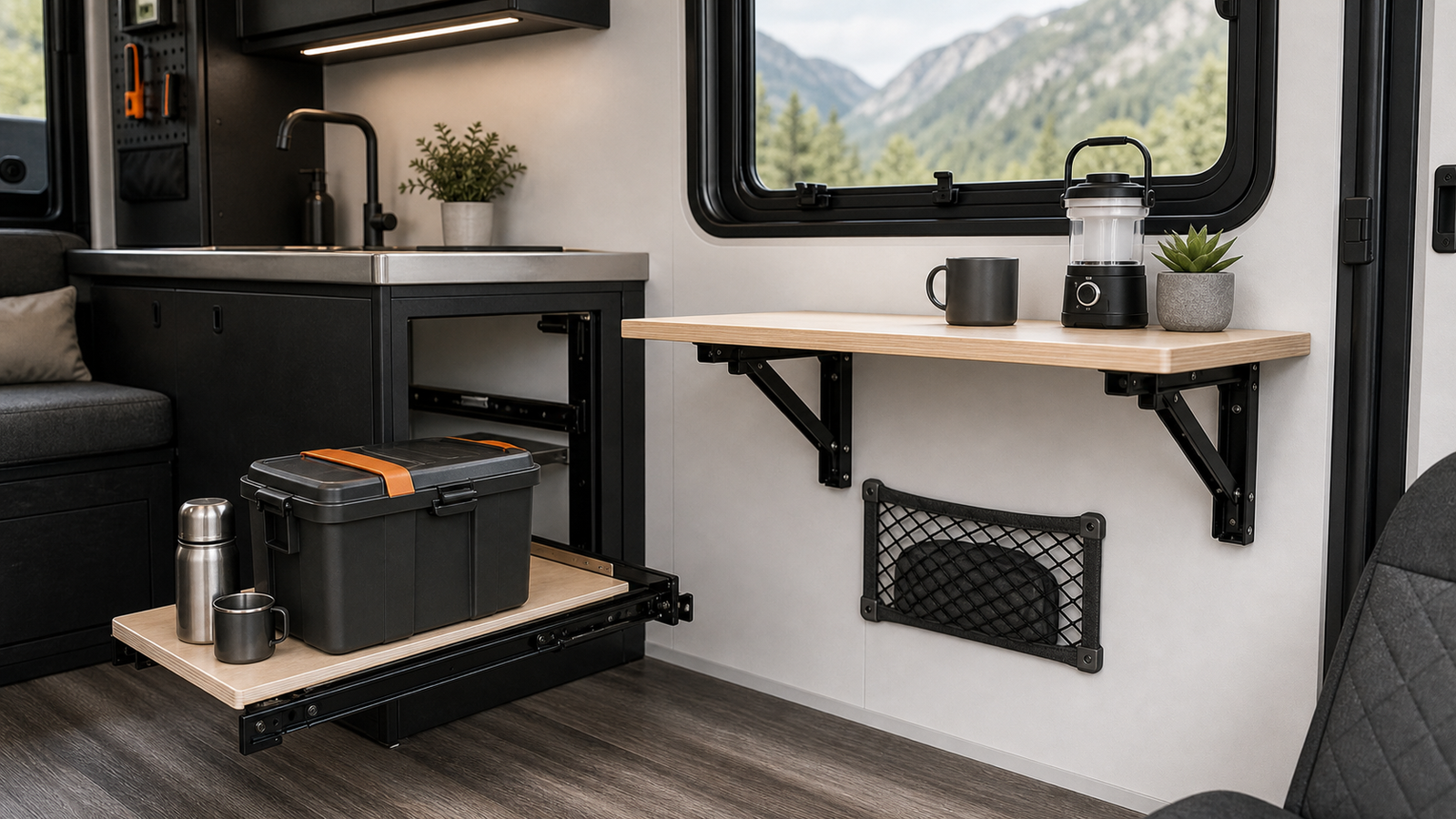RV interior with a pull-out storage tray