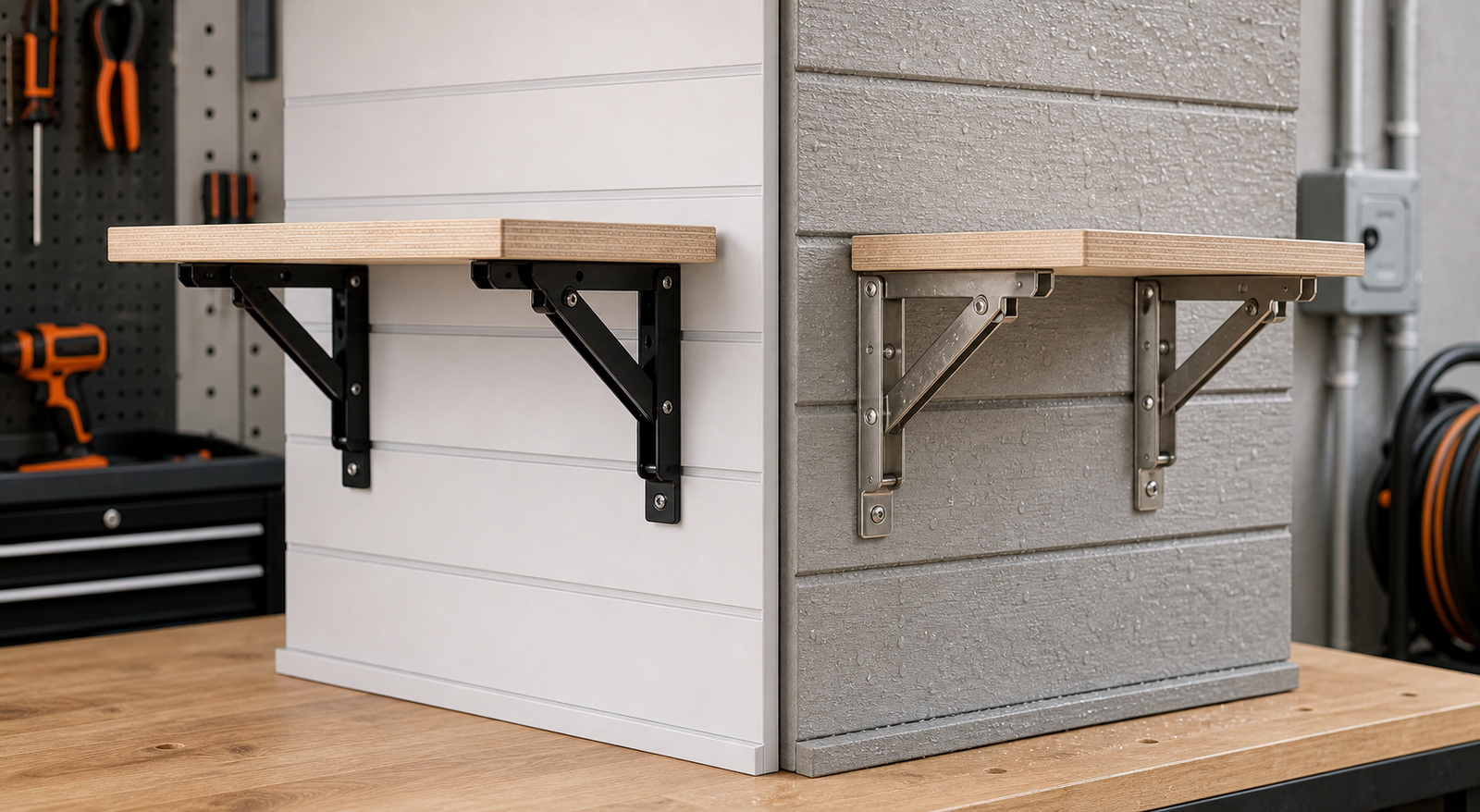 Black coated and stainless steel folding shelf brackets compared side by side