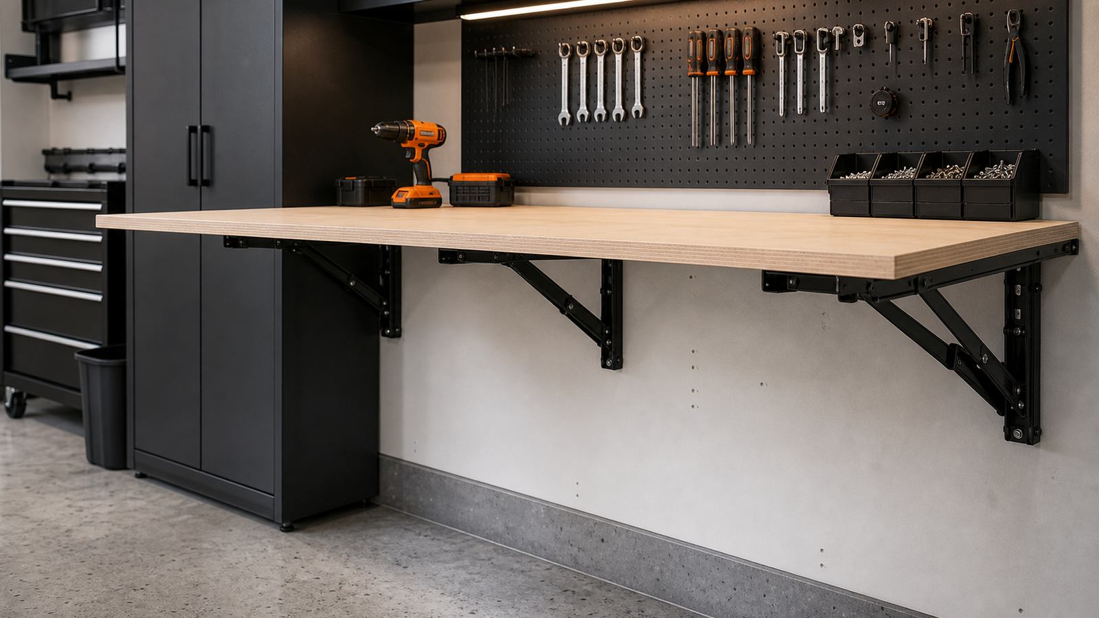 Three folding brackets arranged below a long garage shelf to reduce unsupported span