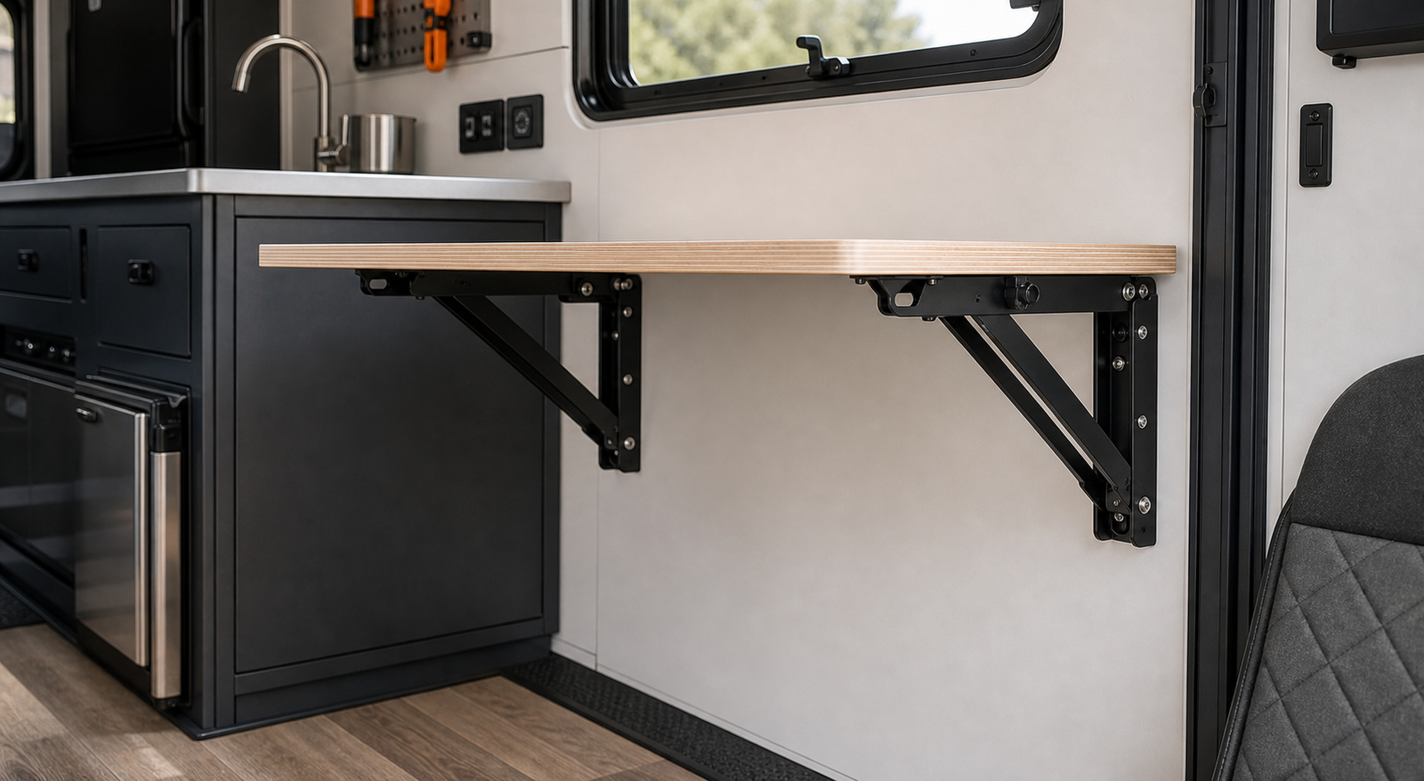 Fold-down RV table supported by folding shelf brackets