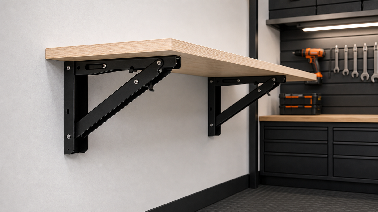 Folding shelf brackets installed under a wood shelf board