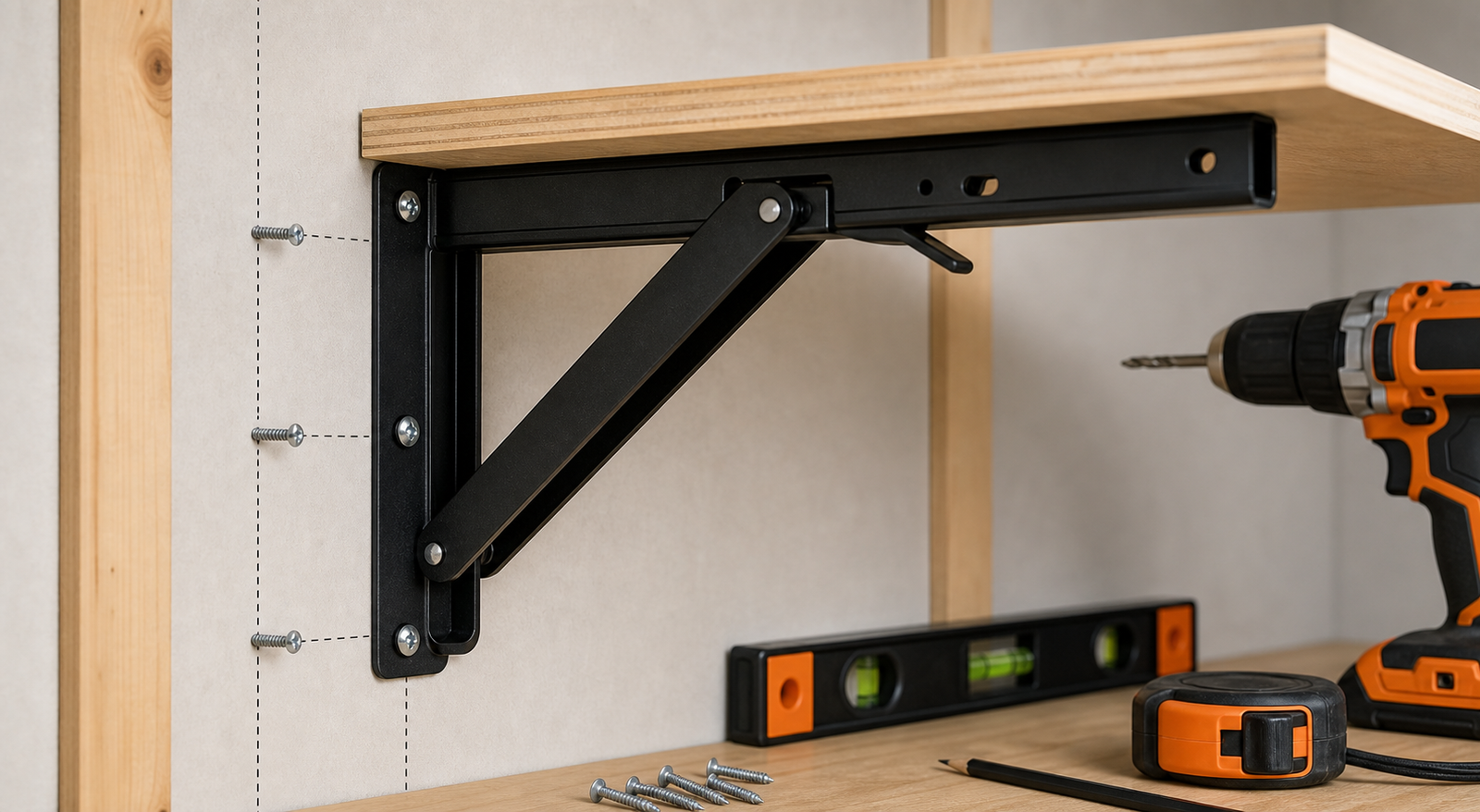 Folding shelf brackets aligned with wood studs and structural wall backing