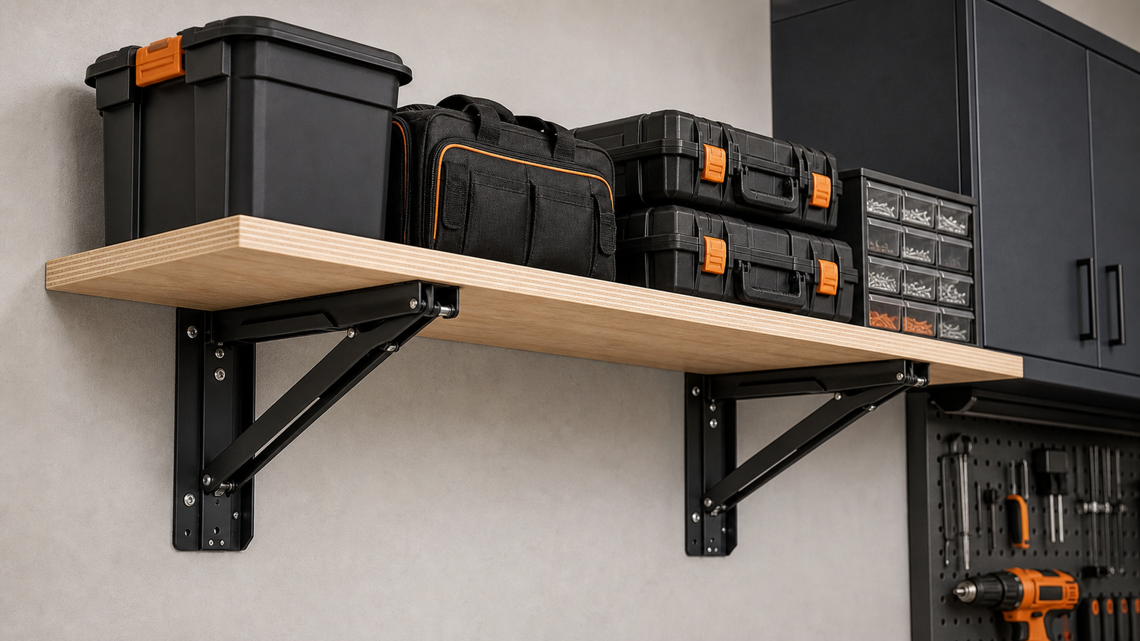 Folding brackets supporting a shelf with load positioned near the wall and near the front edge