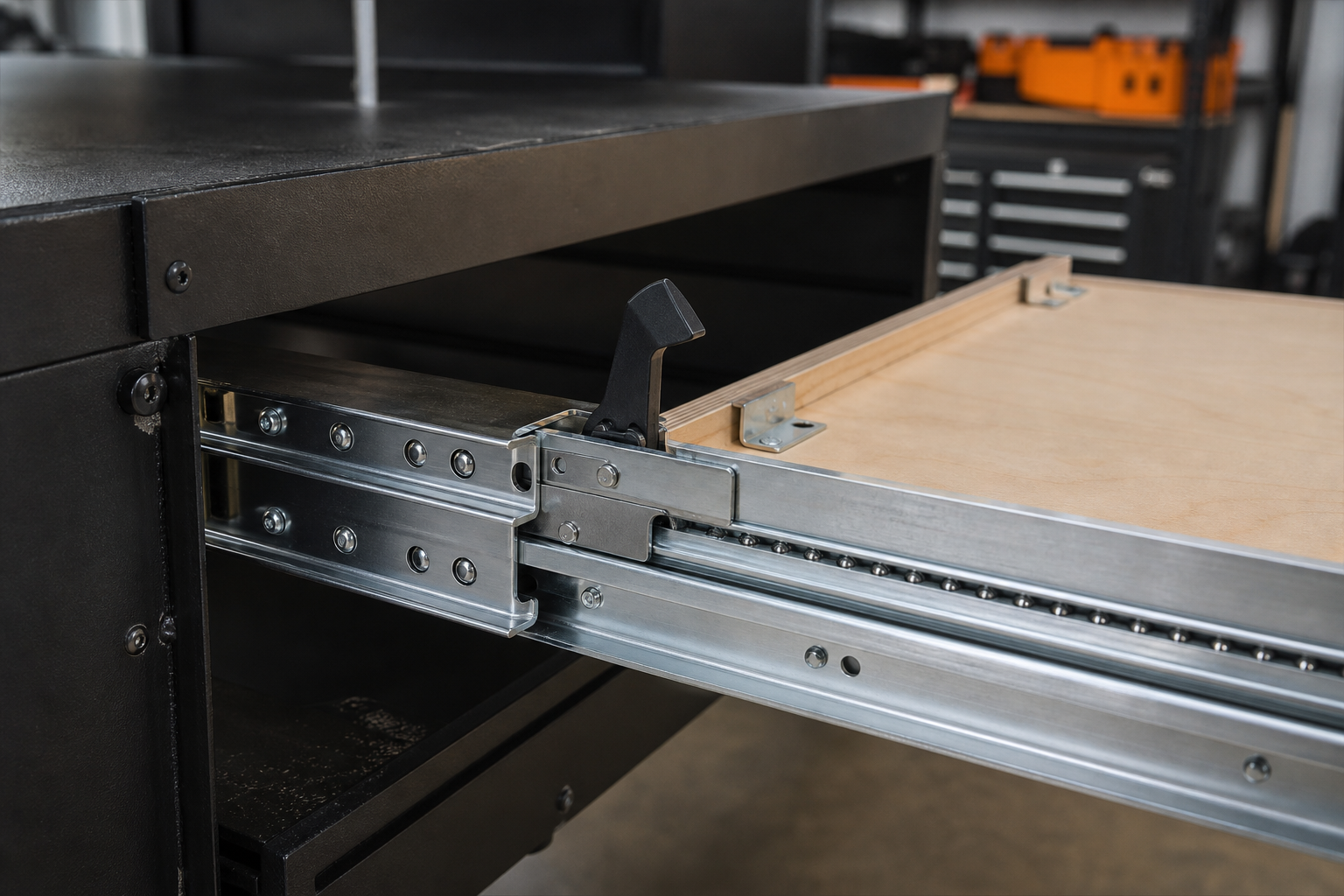 Locking drawer slide release lever used to disengage the end-position lock