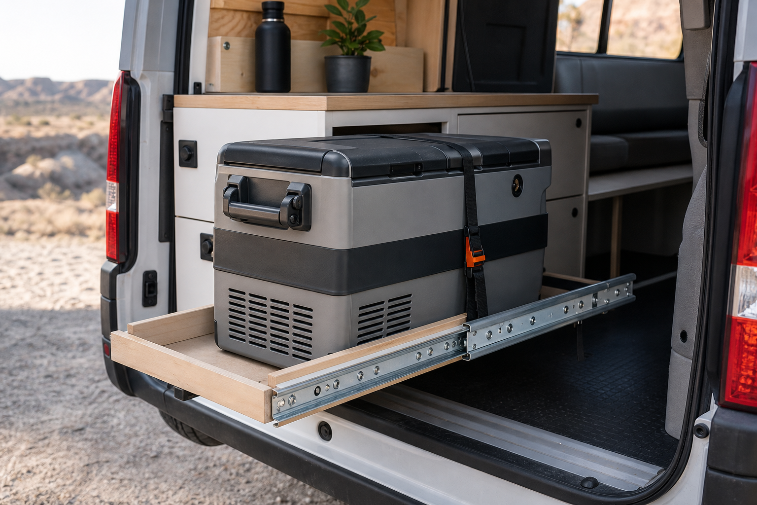 Portable refrigerator on a full-extension locking tray in an RV storage compartment