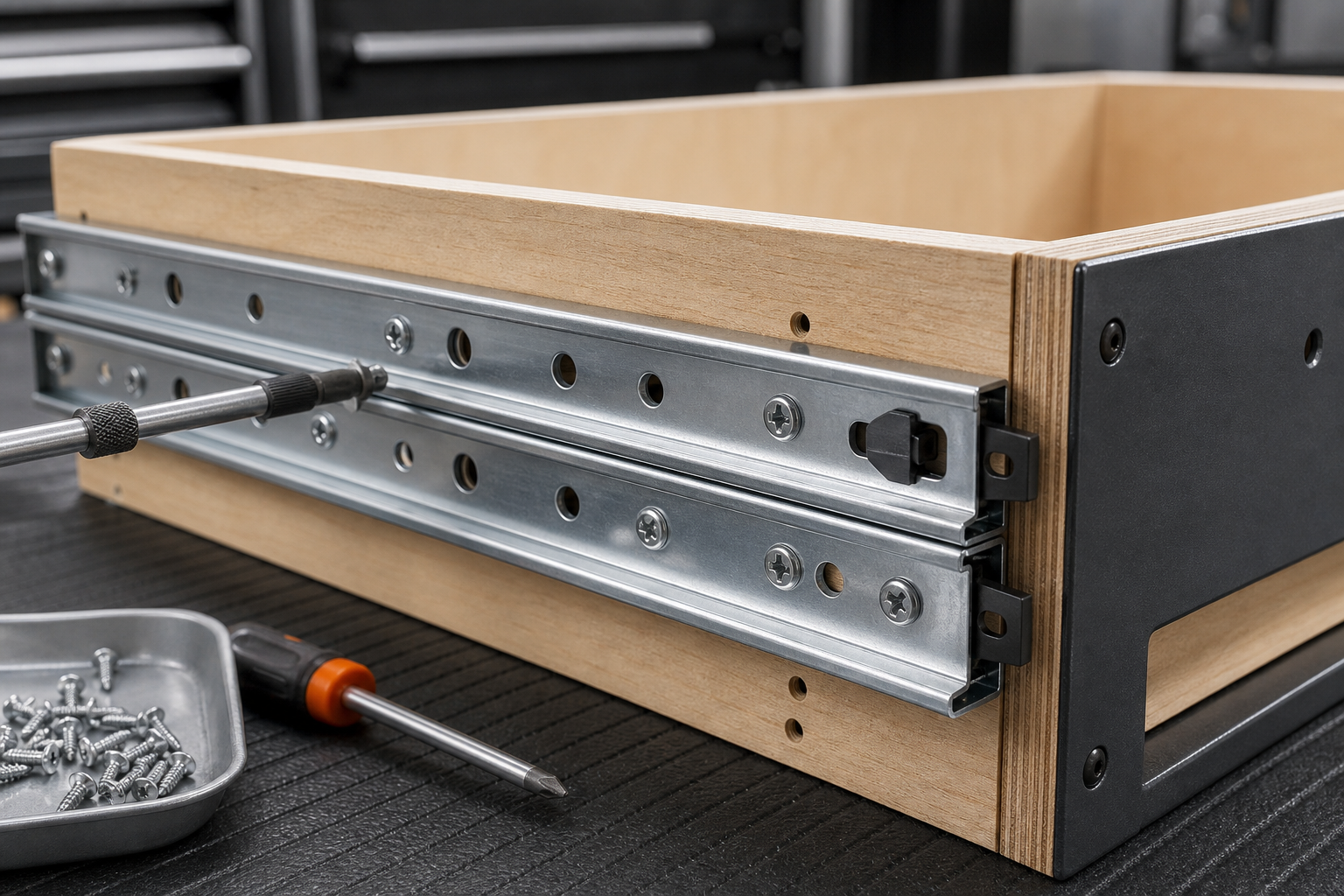 Drawer slide installation with fasteners and hand tools