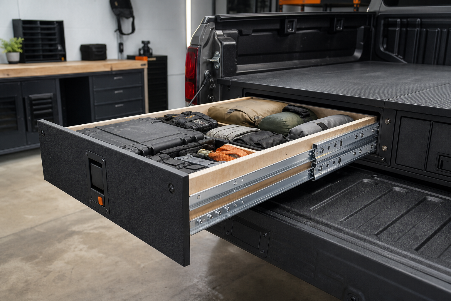 Heavy-duty full-extension drawer slides installed on a utility drawer frame