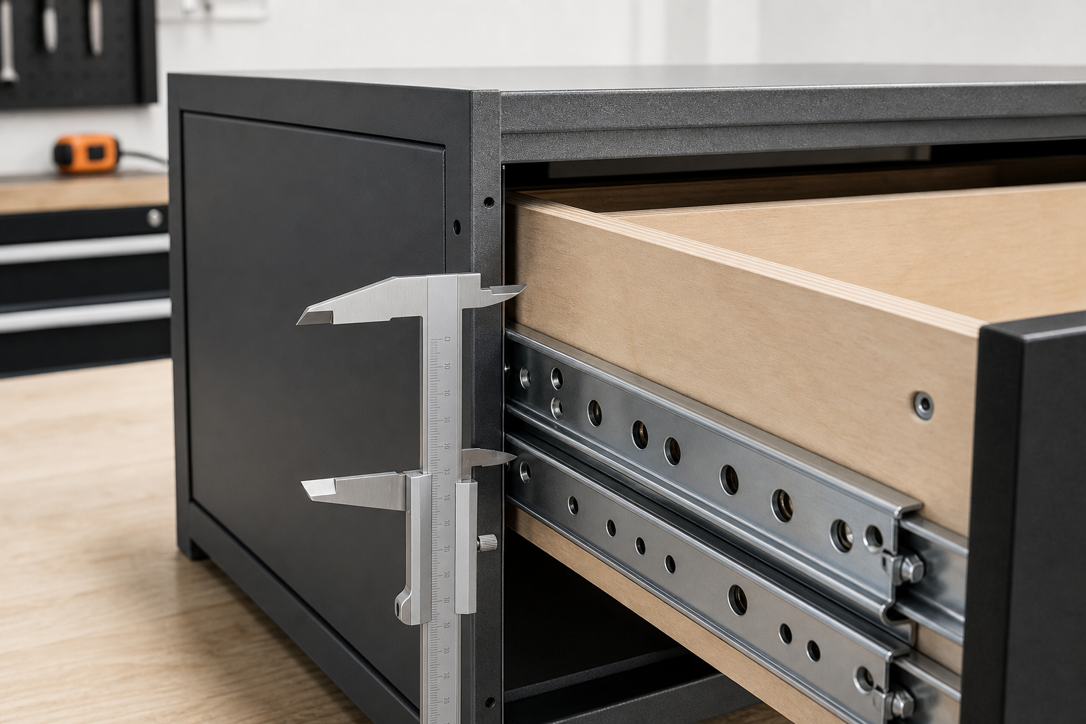 Caliper measuring the side thickness of a heavy-duty drawer slide before drawer construction