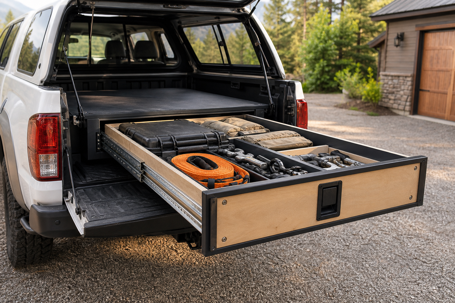 Deep truck bed drawer extended on heavy-duty locking side-mount slides