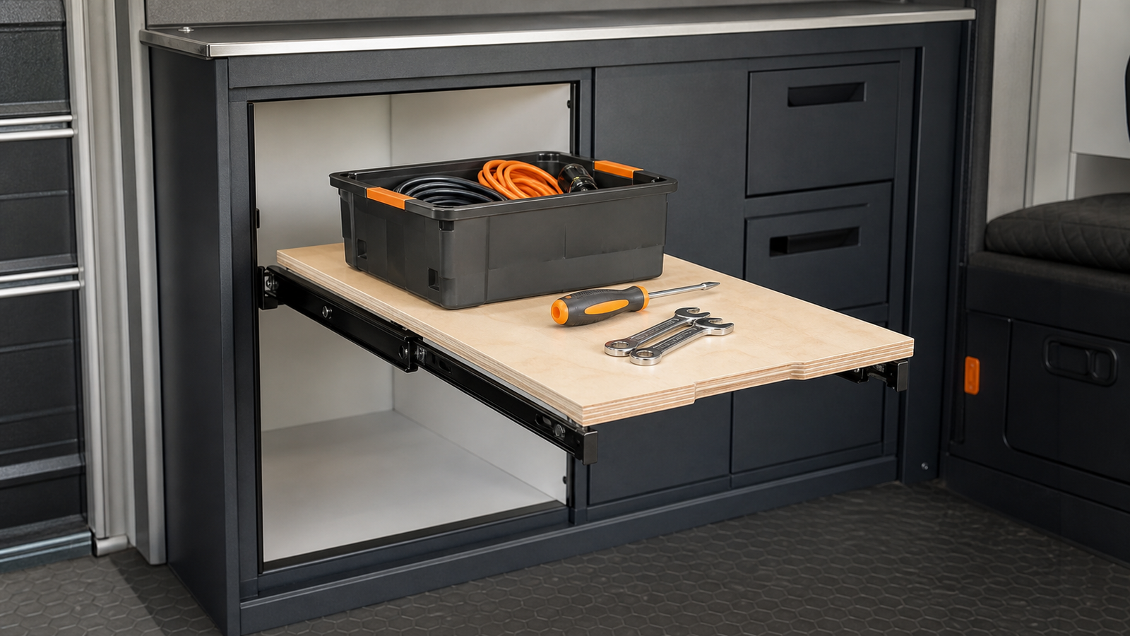Bottom-supported pull-out shelf using hardware designed to carry load from below