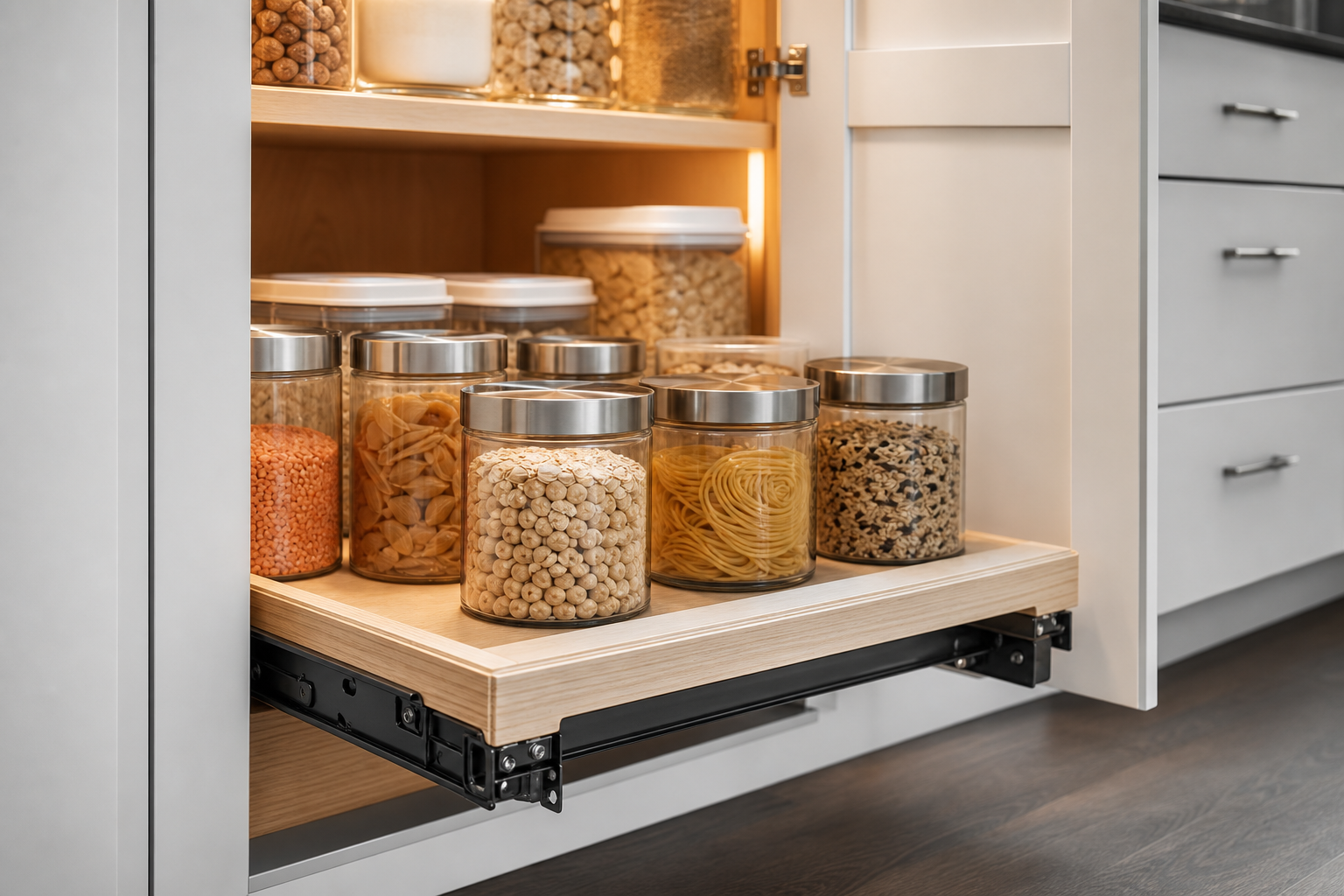 Pantry pull-out shelf on bottom-mount drawer slides