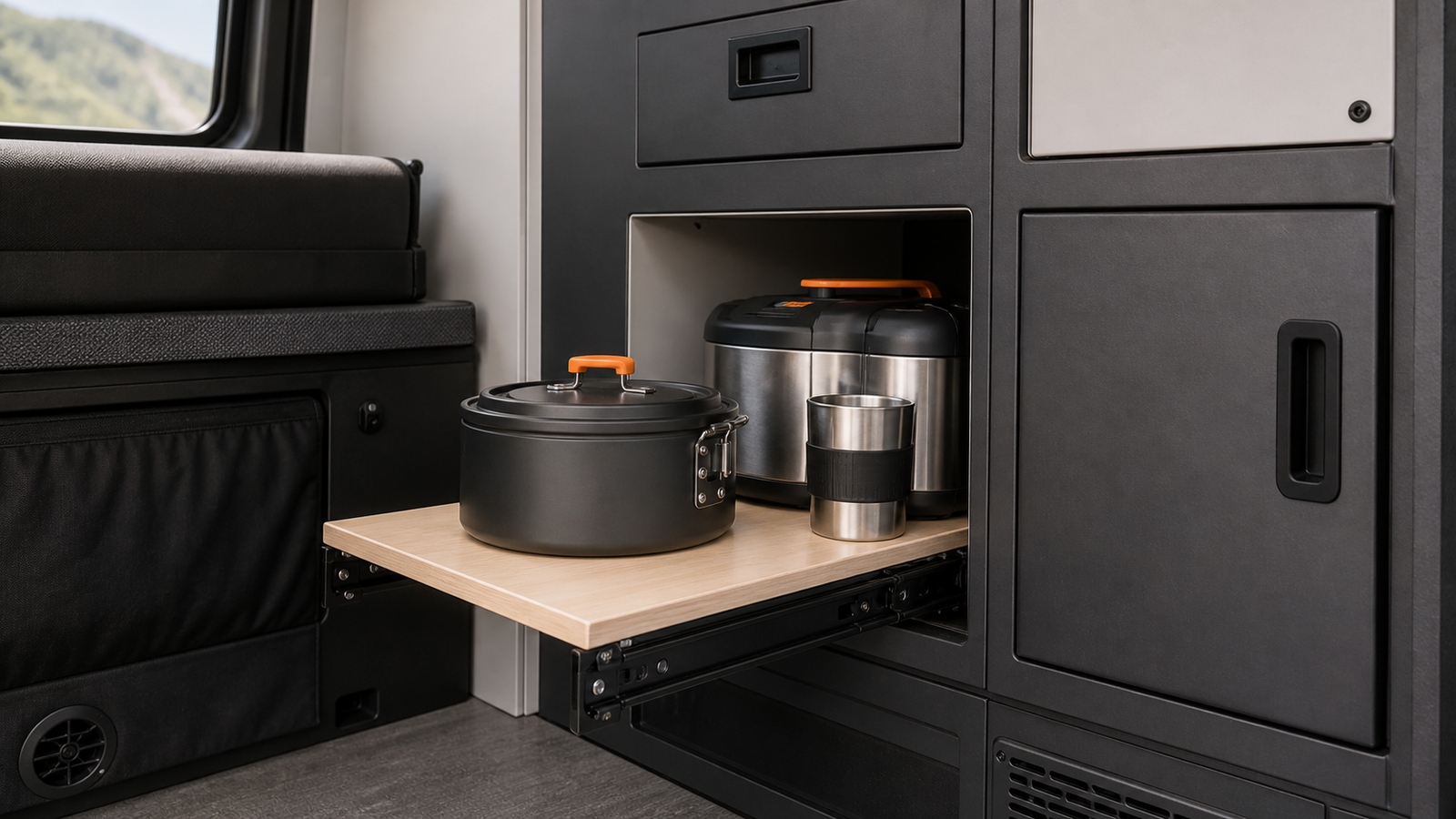 RV interior cabinet pull-out shelf supported by bottom-mount drawer slides