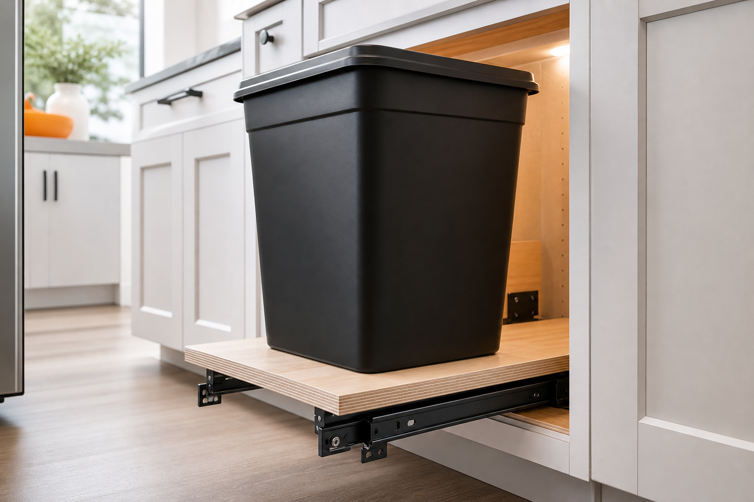 Trash can pull-out tray on bottom-mount drawer slides