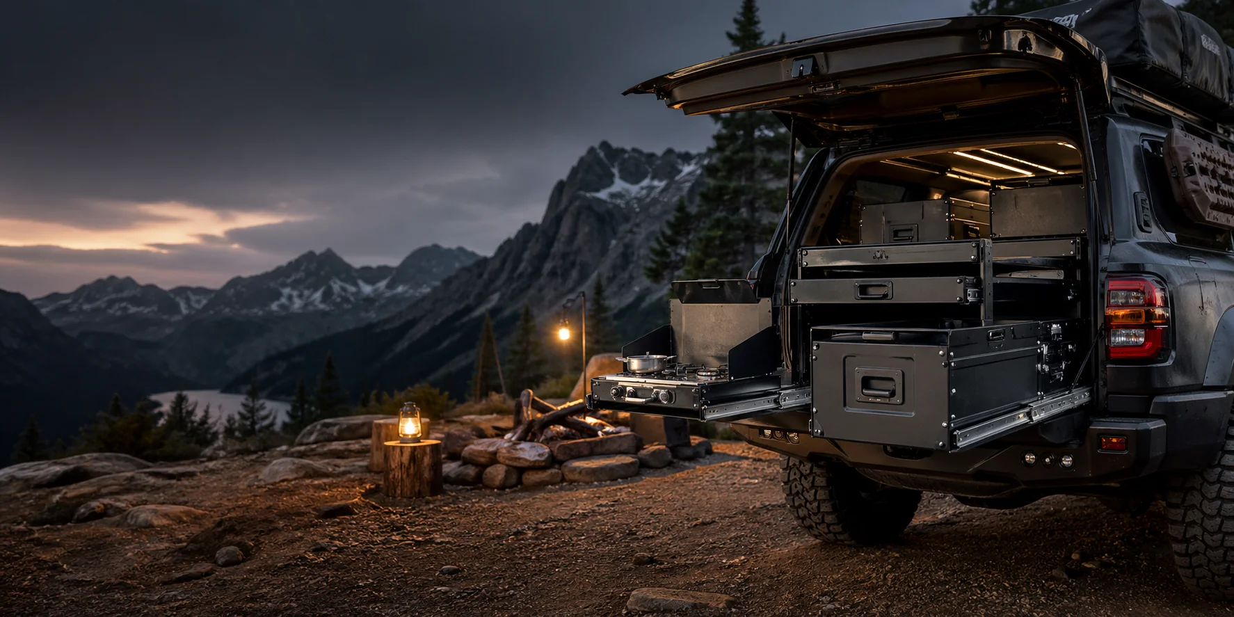 Truck-mounted slide-out storage and cooking setup at a mountain campsite